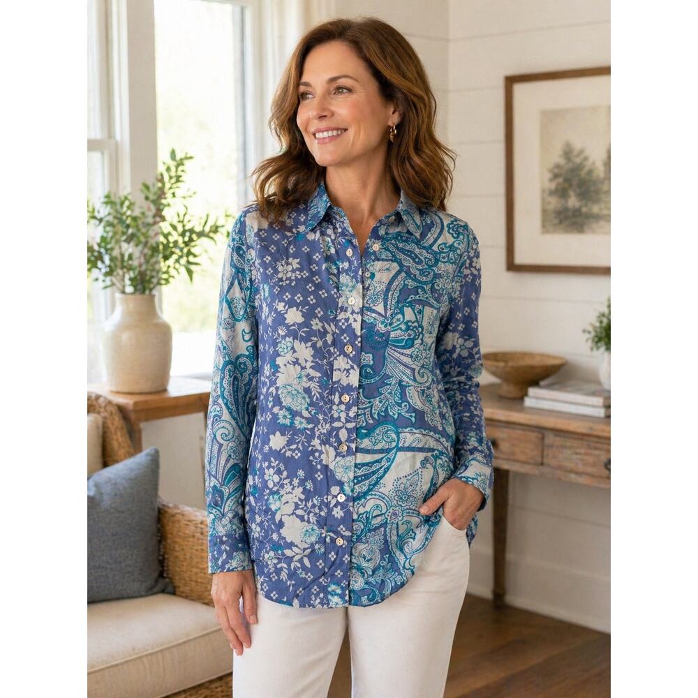 Coldwater Creek 100% Silk Paisley Blouse Women's Size Petite Large. NWT